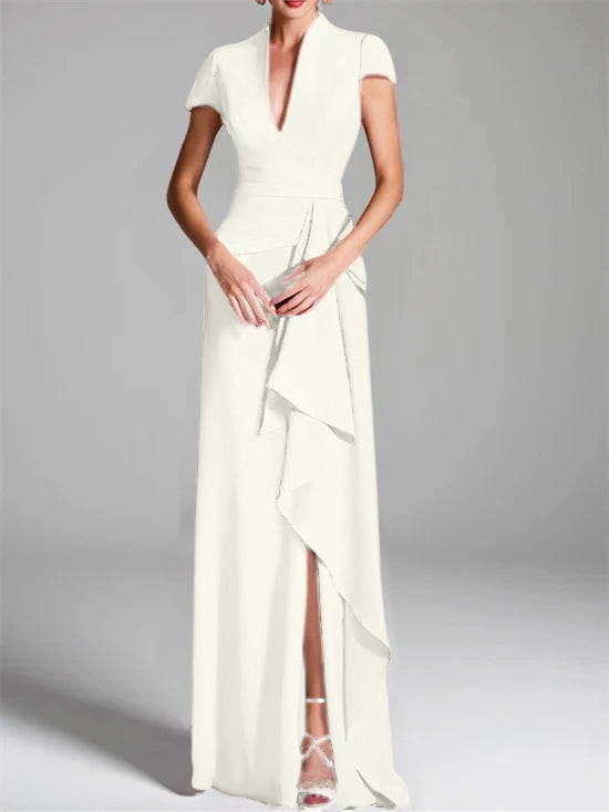 Sheath/Column V-Neck Short Sleeves Floor-Length Mother of the Bride Dresses with Split Side