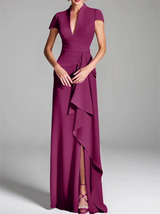 Sheath/Column V-Neck Short Sleeves Floor-Length Mother of the Bride Dresses with Split Side