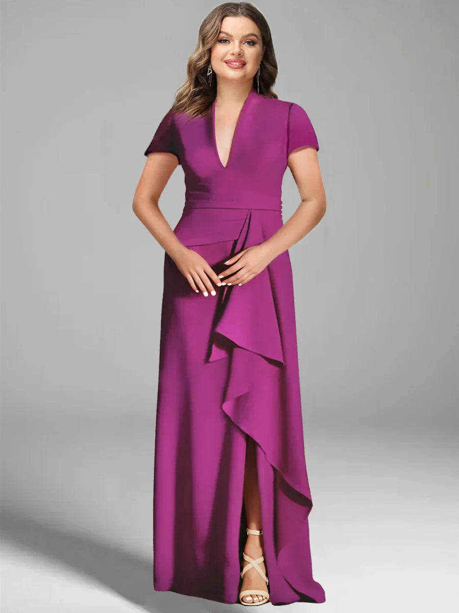 Sheath/Column V-Neck Short Sleeves Floor-Length Plus Size Mother of the Bride Dresses with Split Side