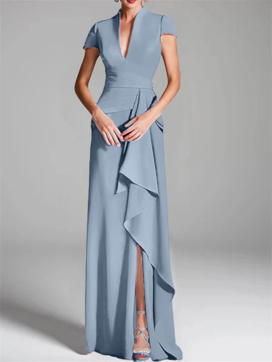 Sheath/Column V-Neck Short Sleeves Floor-Length Mother of the Bride Dresses with Split Side