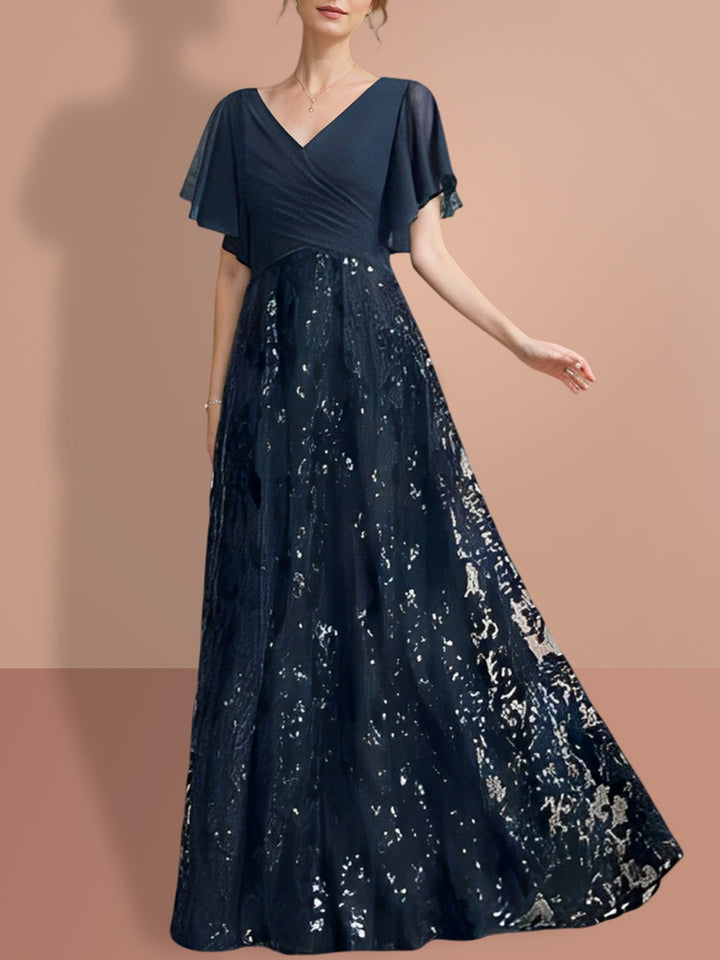 A-Line/Princess V-Neck Short Sleeves Floor-Length Mother Of The Bride Dresses with Sequins