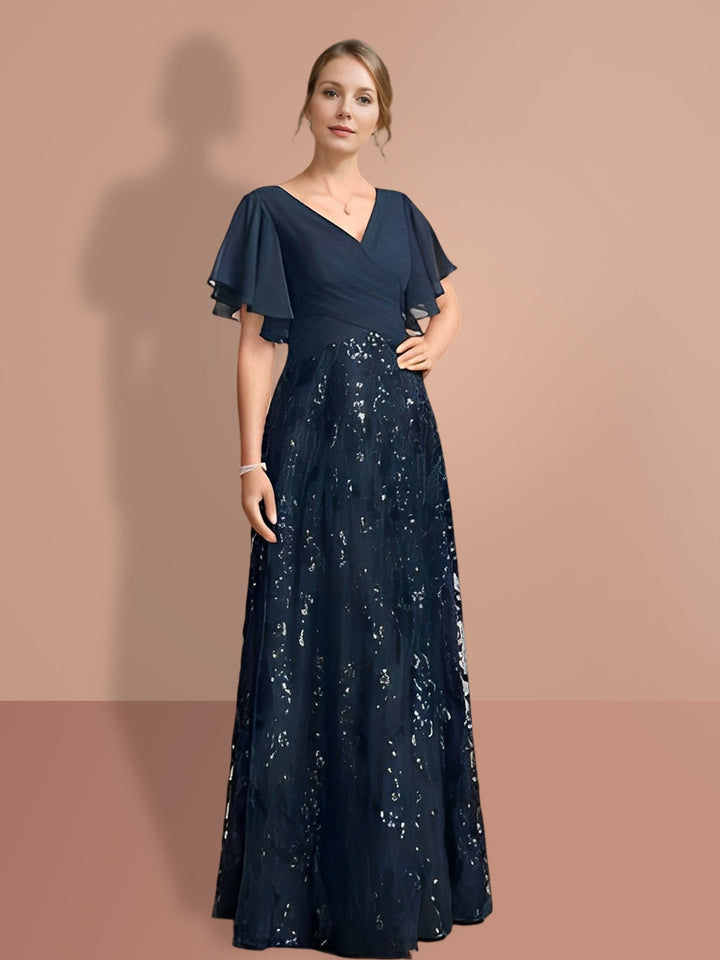 A-Line/Princess V-Neck Short Sleeves Floor-Length Mother Of The Bride Dresses with Sequins