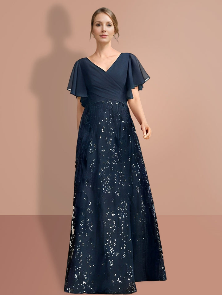 A-Line/Princess V-Neck Short Sleeves Floor-Length Mother Of The Bride Dresses with Sequins