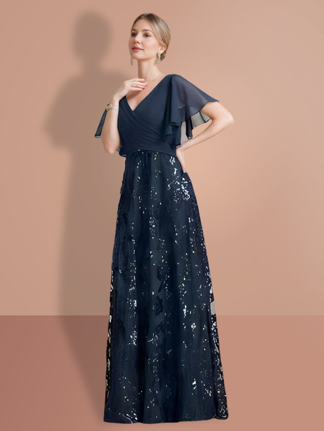 A-Line/Princess V-Neck Short Sleeves Floor-Length Mother Of The Bride Dresses with Sequins