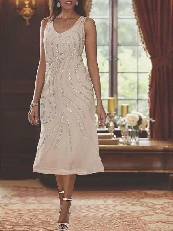 Sheath/Column V-Neck Long Sleeves Tea-Length Mother of the Bride Dresses with Jacket & Sequins