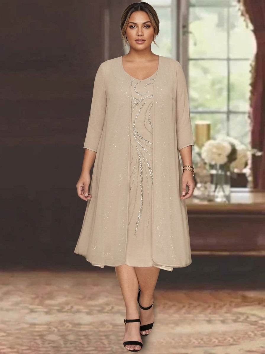Sheath/Column V-Neck Long Sleeves Tea-Length Plus Size Mother of the Bride Dresses with Jacket & Sequins