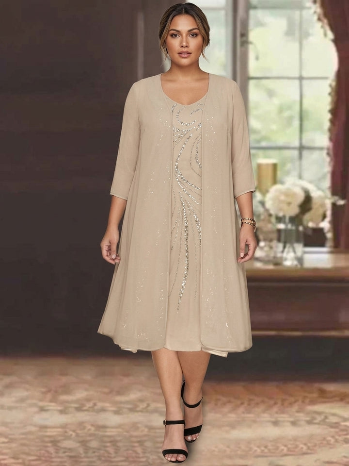 Sheath/Column V-Neck Long Sleeves Tea-Length Plus Size Mother of the Bride Dresses with Jacket &amp; Sequins