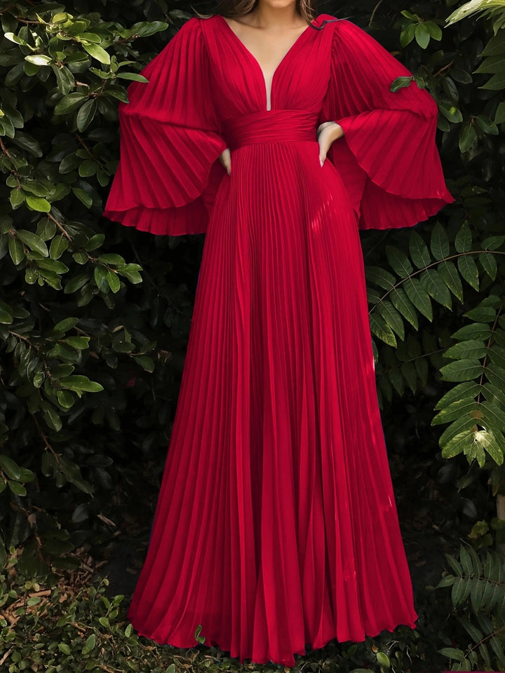 A-Line/Princess V-Neck Long Sleeves Floor-Length Wedding Guest Dresses with Pleats