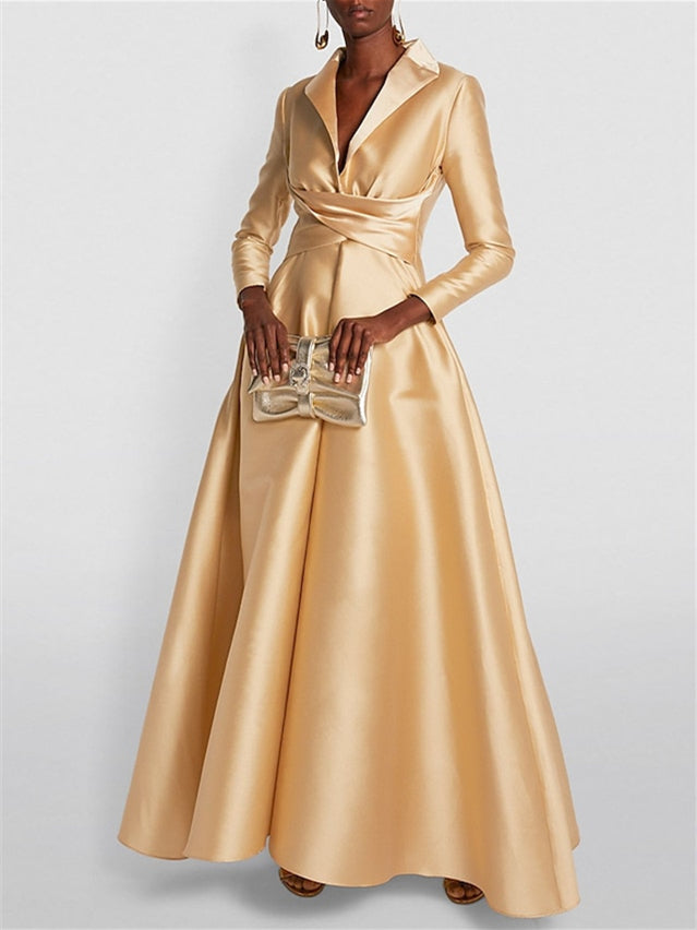 A-Line/Princess Long Sleeves V-Neck Floor-length Evening Dresses