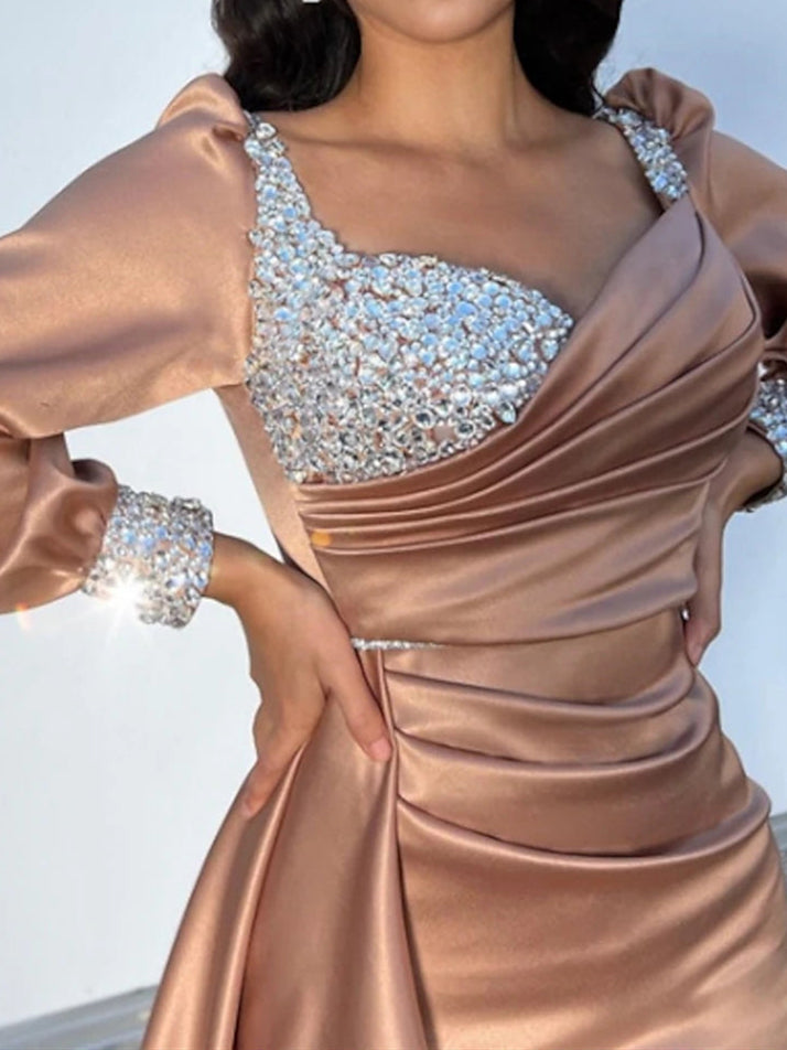 A-Line/Princess Long Sleeves Court Train Plus Size Evening Dresses with Glitter Ruched