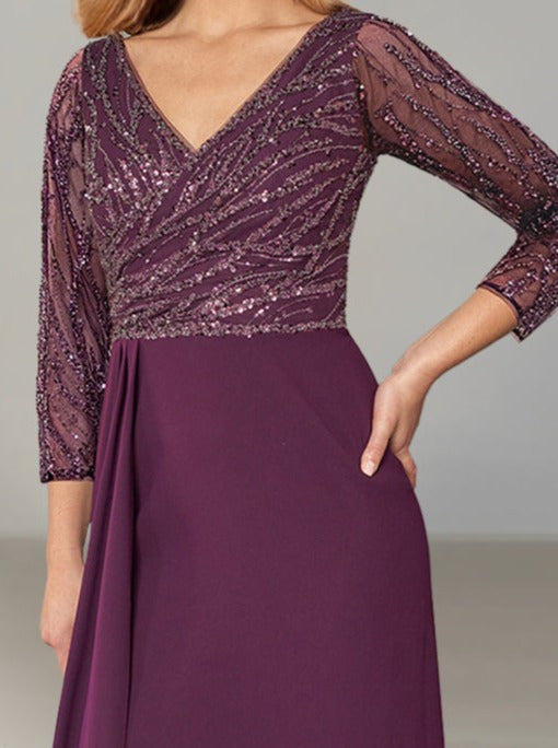 A-Line/Princess  V-Neck Long Sleeve Asymmetrical Mother of the Bride Dresses with Sequin