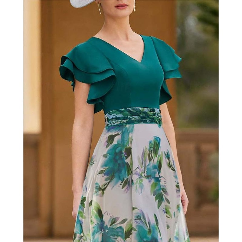 A-Line/Princess V-Neck Short Sleeve Floral Ankle-Length Mother of the Bride Dresses