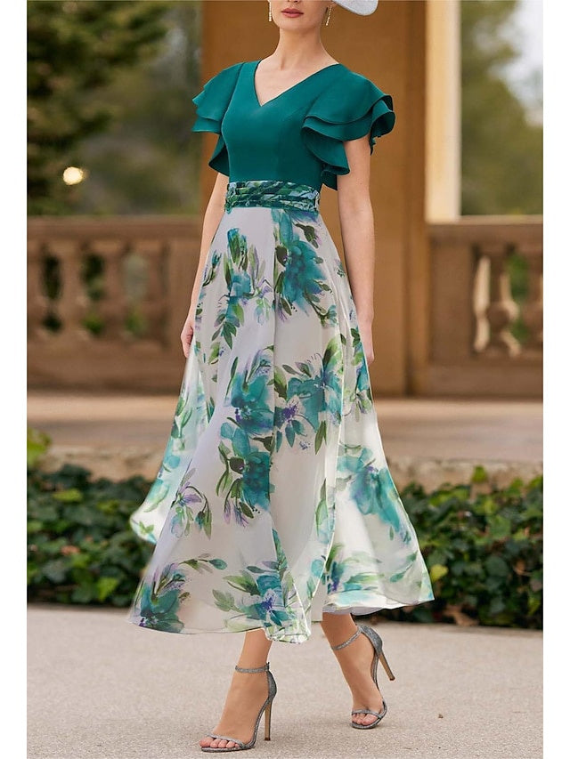 A-Line/Princess V-Neck Short Sleeve Floral Ankle-Length Mother of the Bride Dresses