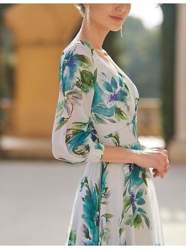 A-Line/Princess V-Neck 3/4 Sleeve Floral Asymmetrical Mother of the Bride Dresses