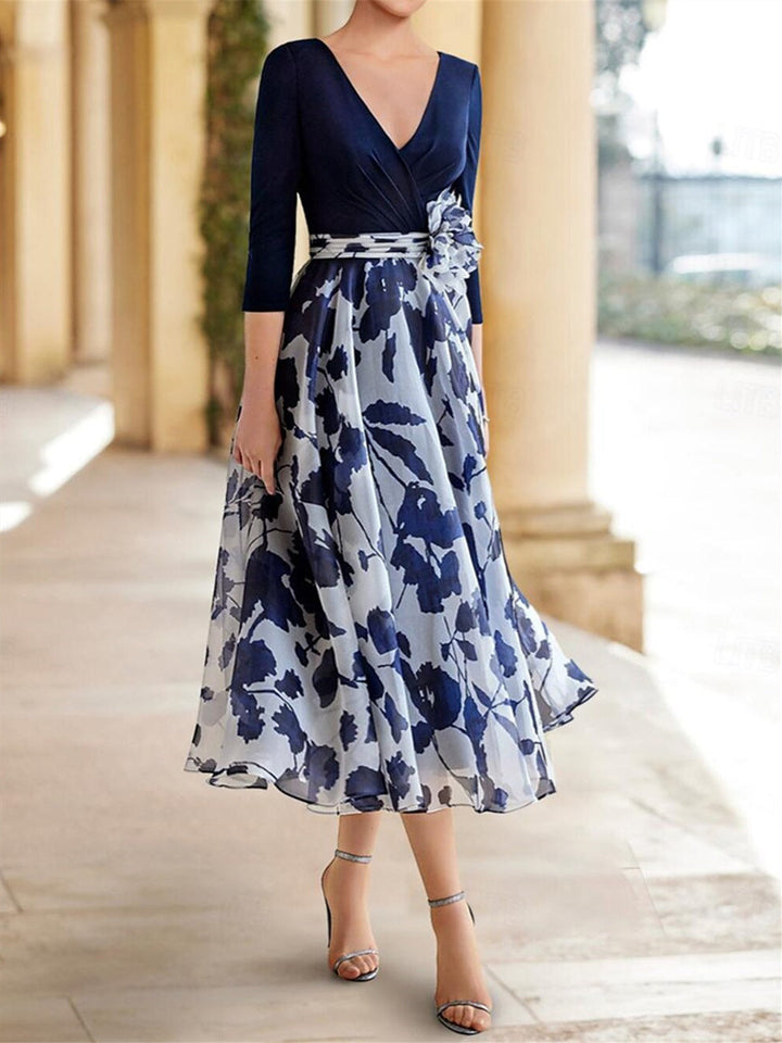 A Line/Princess V Neck 3/4 Sleeves Ankle Length Floral Mother of the Bride Dresses