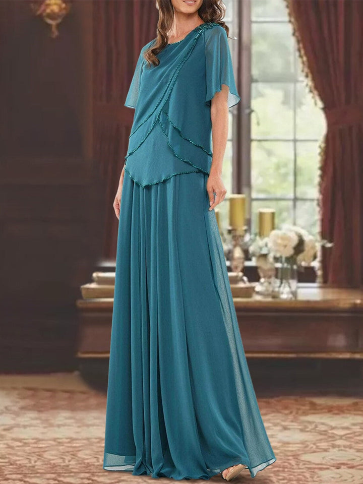 A-Line/Princess Jewel Neck Short Sleeves Floor Length Mother of the Bride Dress with Pleats & Beading