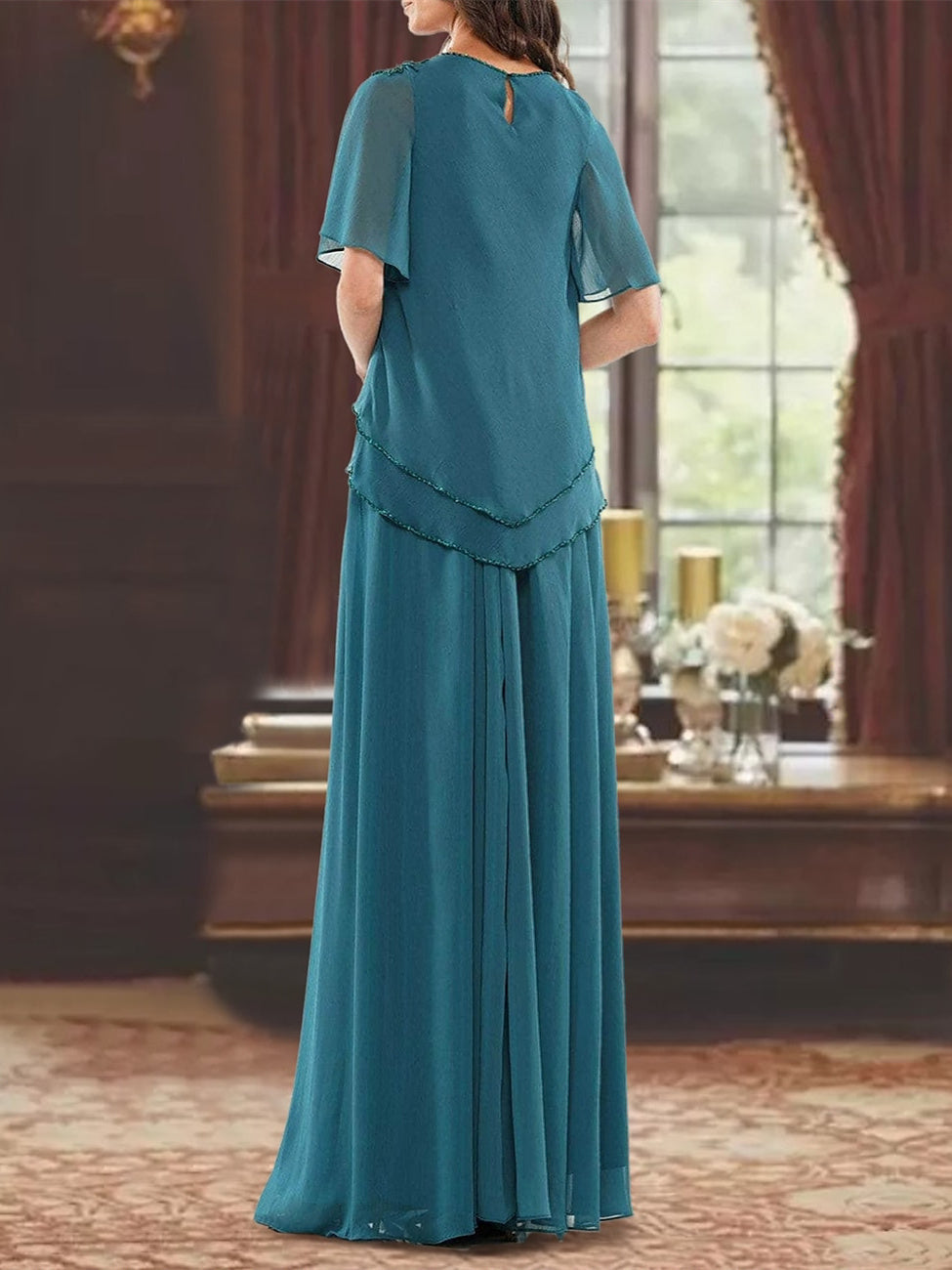 A-Line/Princess Jewel Neck Short Sleeves Floor Length Mother of the Bride Dress with Pleats & Beading