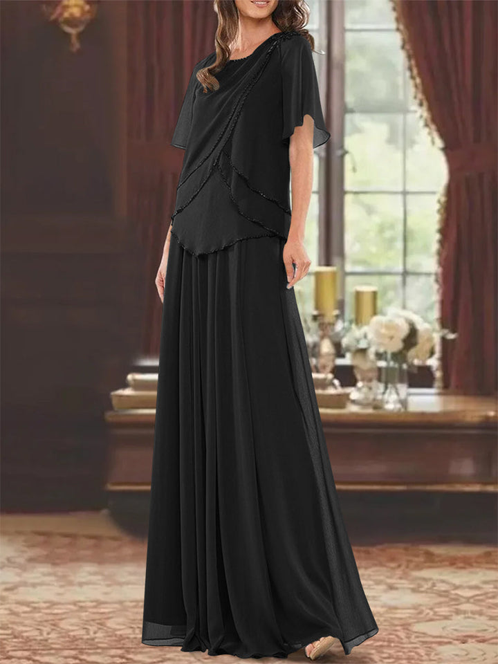 A-Line/Princess Jewel Neck Short Sleeves Floor Length Mother of the Bride Dress with Pleats & Beading