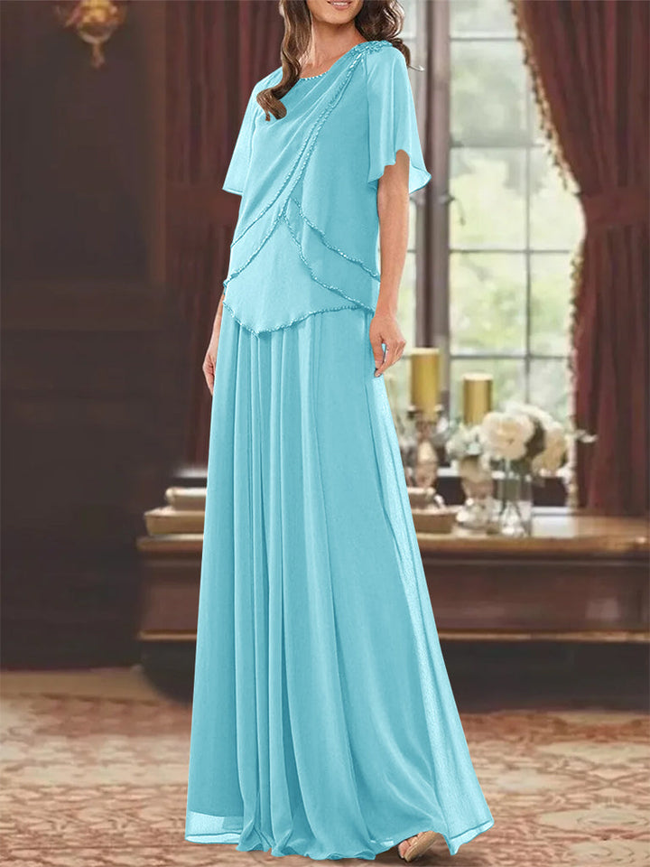 A-Line/Princess Jewel Neck Short Sleeves Floor Length Mother of the Bride Dress with Pleats & Beading