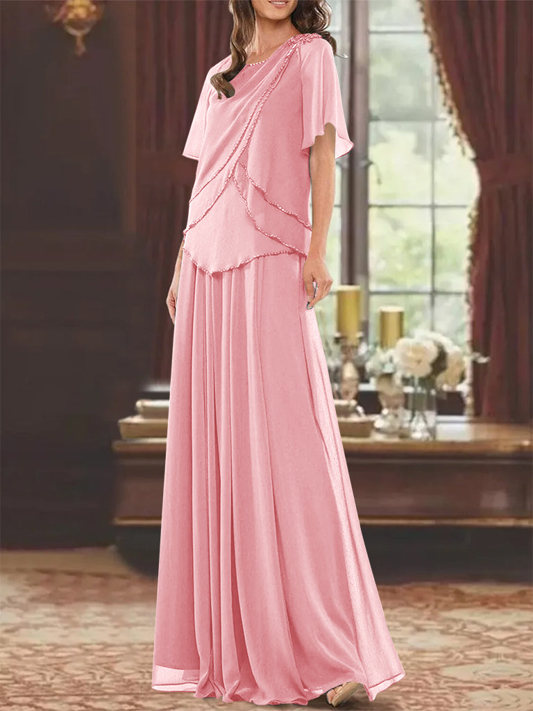 A-Line/Princess Jewel Neck Short Sleeves Floor Length Mother of the Bride Dress with Pleats & Beading