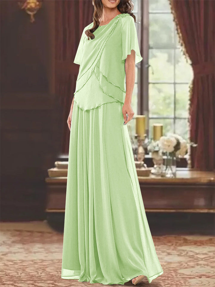 A-Line/Princess Jewel Neck Short Sleeves Floor Length Mother of the Bride Dress with Pleats & Beading