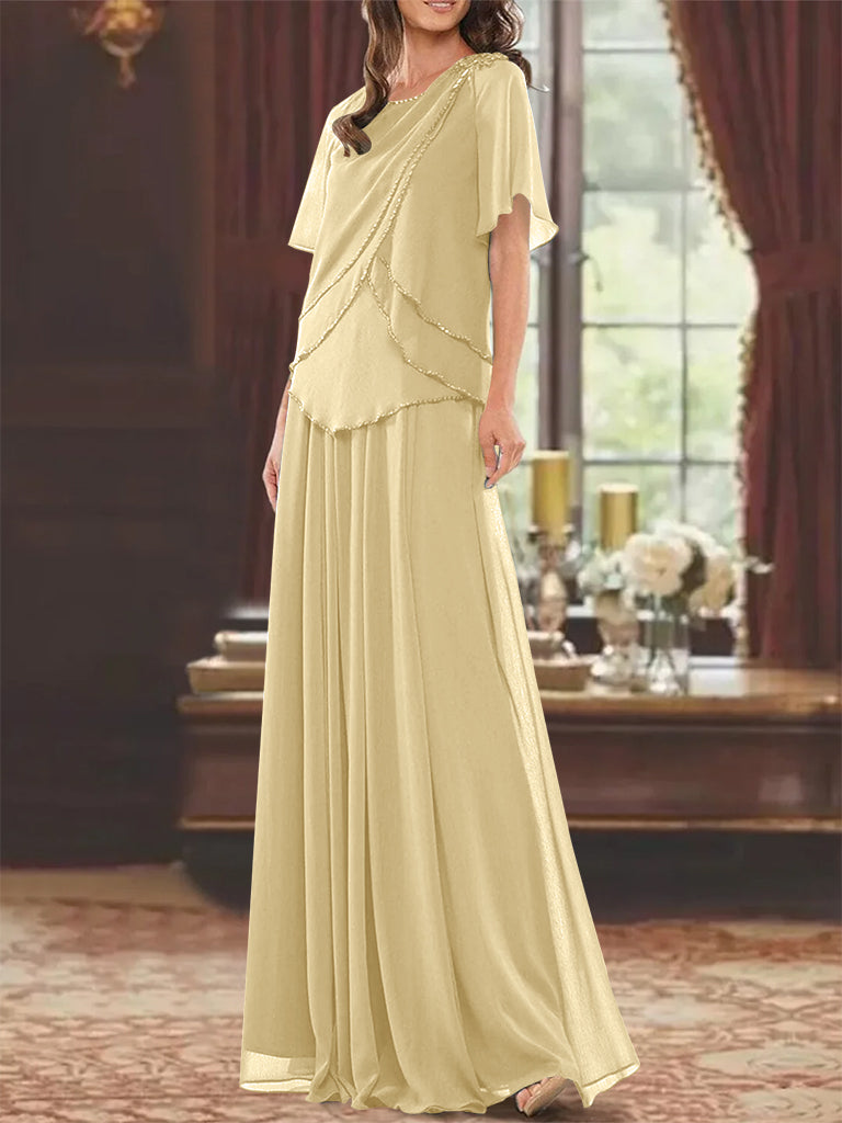 A-Line/Princess Jewel Neck Short Sleeves Floor Length Mother of the Bride Dress with Pleats & Beading