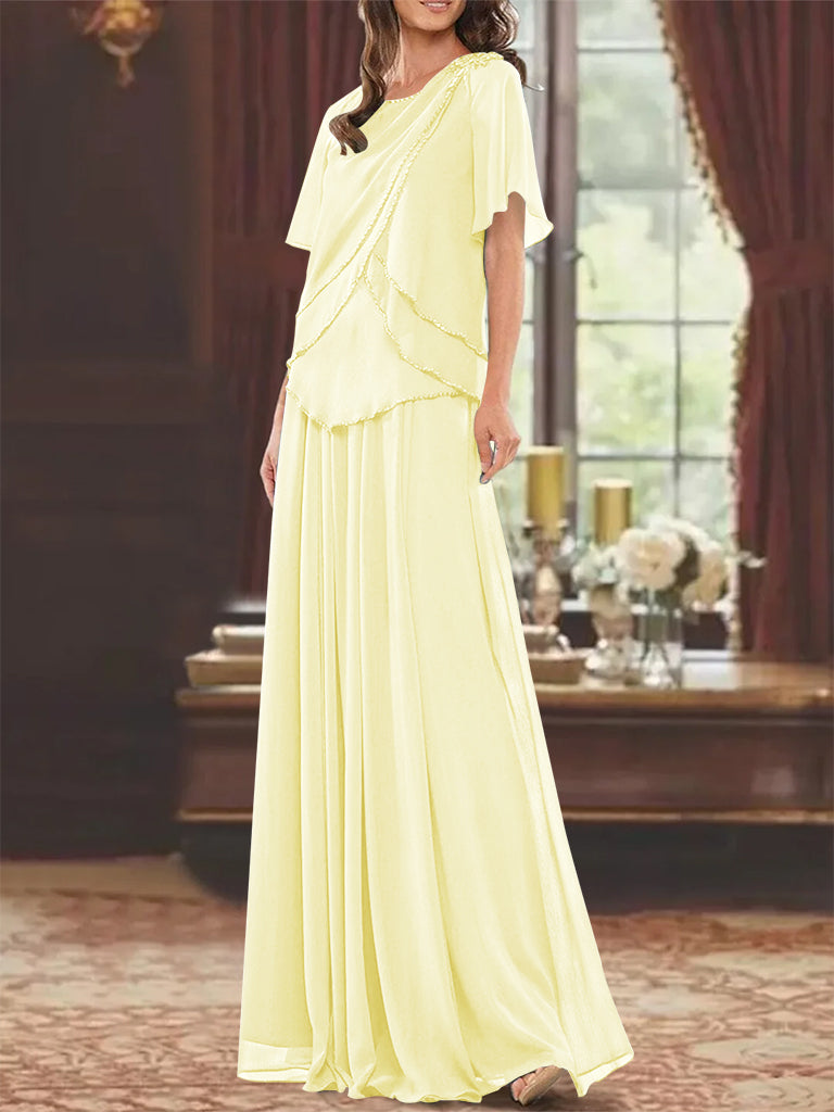 A-Line/Princess Jewel Neck Short Sleeves Floor Length Mother of the Bride Dress with Pleats & Beading