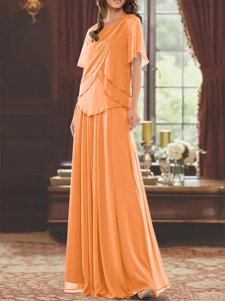 A-Line/Princess Jewel Neck Short Sleeves Floor Length Mother of the Bride Dress with Pleats & Beading