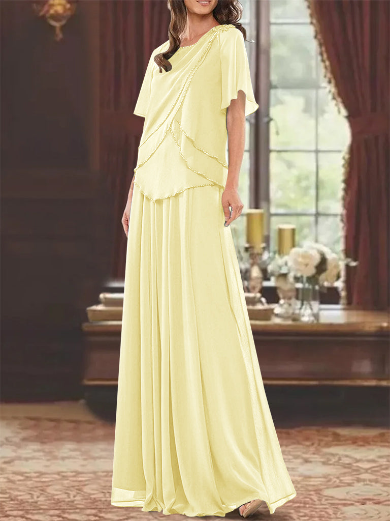 A-Line/Princess Jewel Neck Short Sleeves Floor Length Mother of the Bride Dress with Pleats & Beading