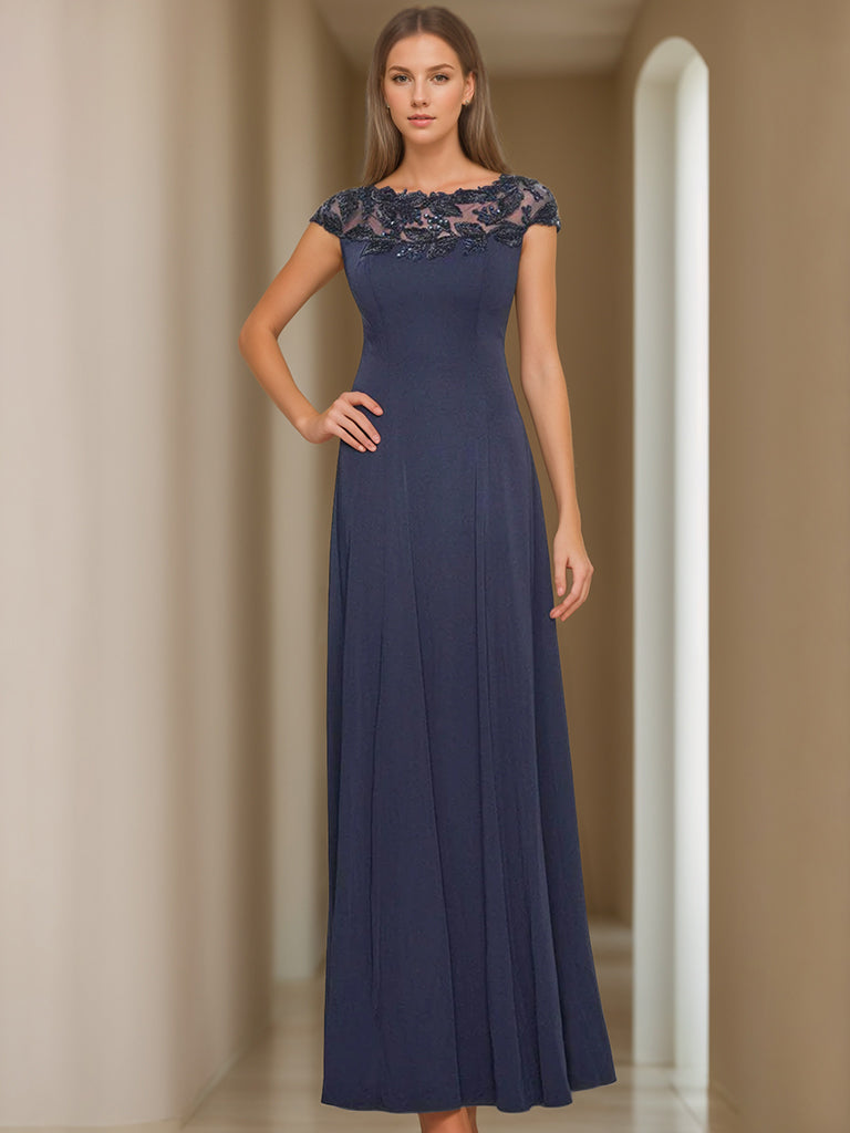 A-Line/Princess Jewel Neck Short Sleeves Floor-Length Mother of the Bride Dresses With Appliques