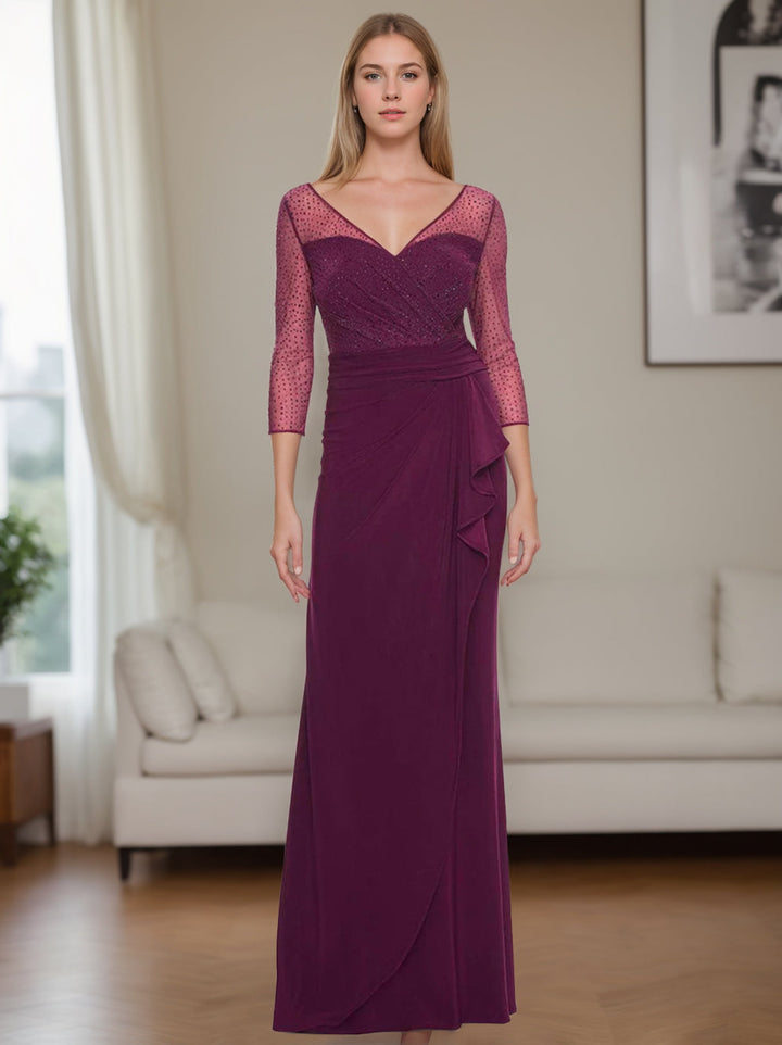 Sheath/Column V-Neck 3/4 Length Sleeves Floor-Length Mother of the Bride Dresses With Rhinestones & Ruched & Ruffles