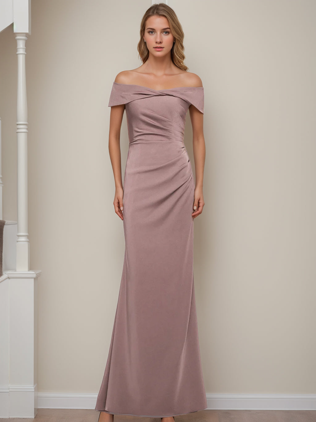 Sheath/Column Off-the-Shoulder Short Sleeves Floor-Length Mother of The Bride Dresses With Ruffles