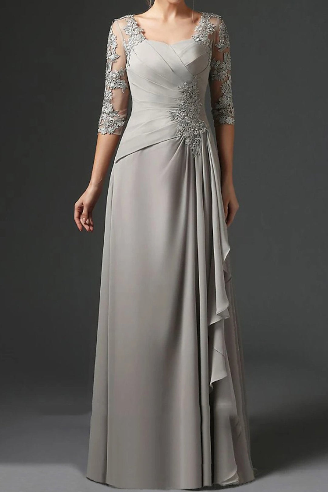 A-Line/Princess Square Neck Half Sleeves Floor-Length Mother of the Bride Dresses With Ruching