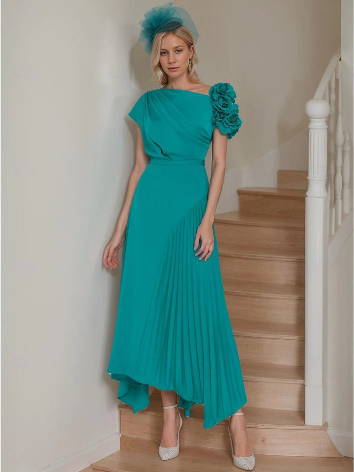 A-Line/Princess One-Shoulder Short Sleeves Ankle-Length Mother of the Bride Dresses With Ruffles