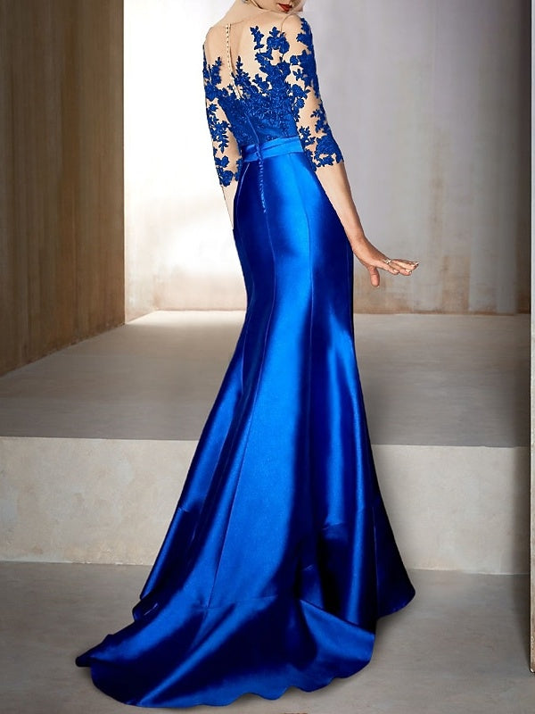 Mermaid / Trumpet Jewel Neck Half Sleeves Floor-Length Mother of the Bride Dresses With Appliques & Bow(s)