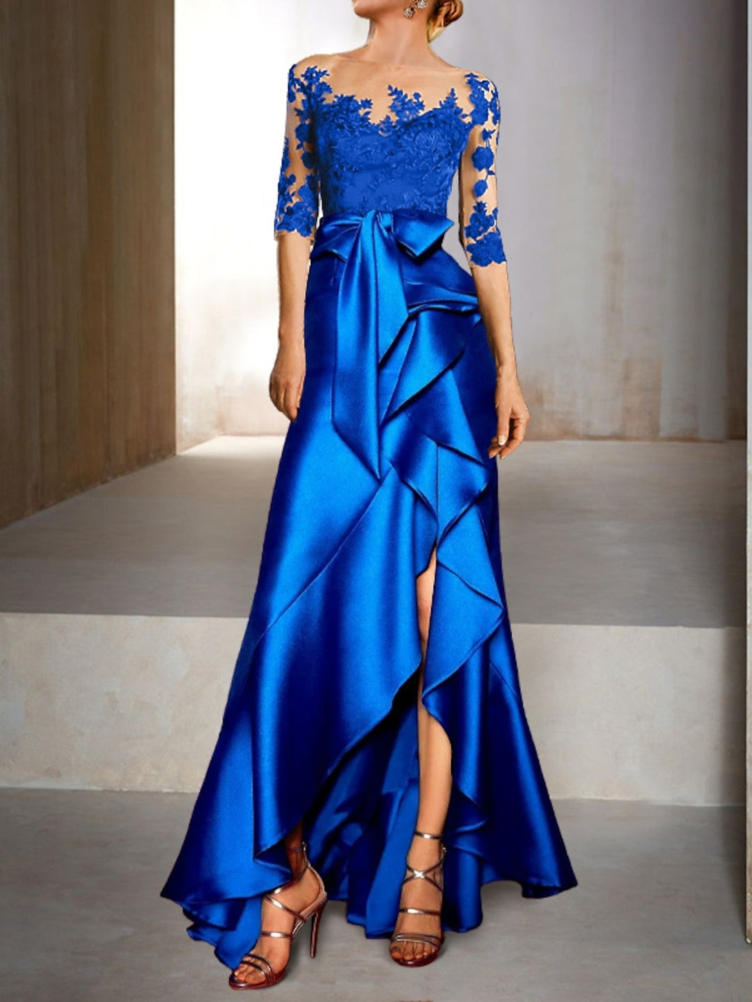 Mermaid / Trumpet Jewel Neck Half Sleeves Floor-Length Mother of the Bride Dresses With Appliques & Bow(s)