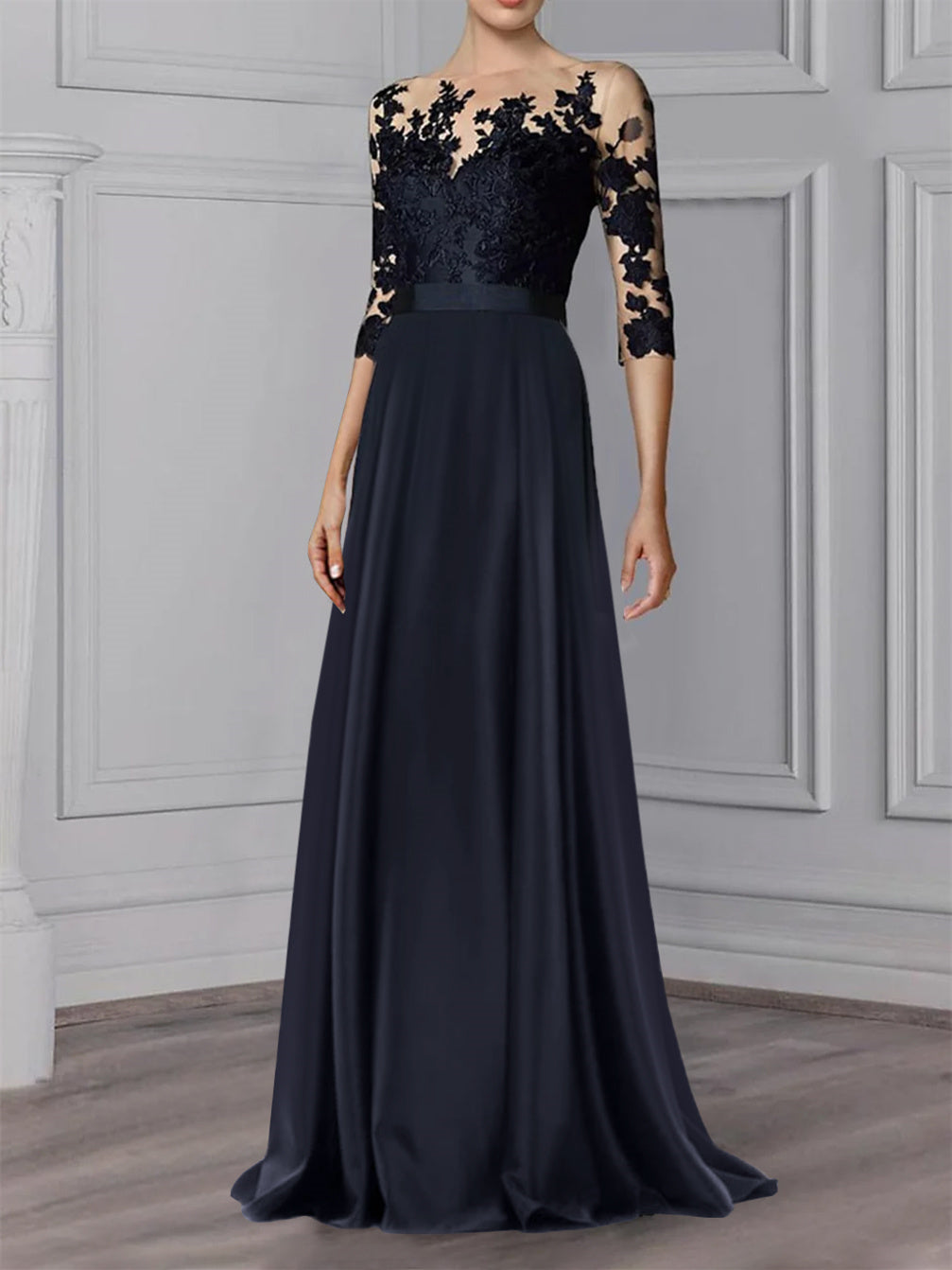 A-Line/Princess Jewel Neck 3/4 Length Sleeves Floor-Length Mother of the Bride Dresses