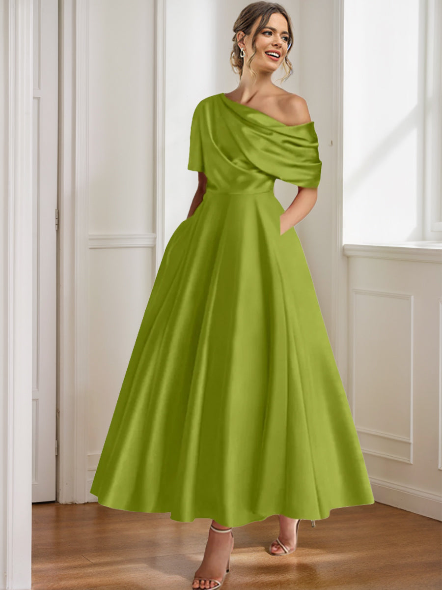 A-Line/Princess One-shoulder Half Sleeve Ankle-Length Mother of the Bride Dresses with Ruffles