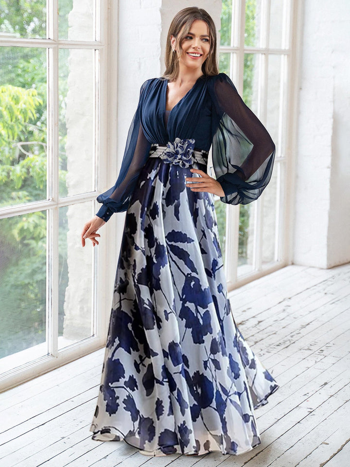 navy blue floral print mother of the bride dress