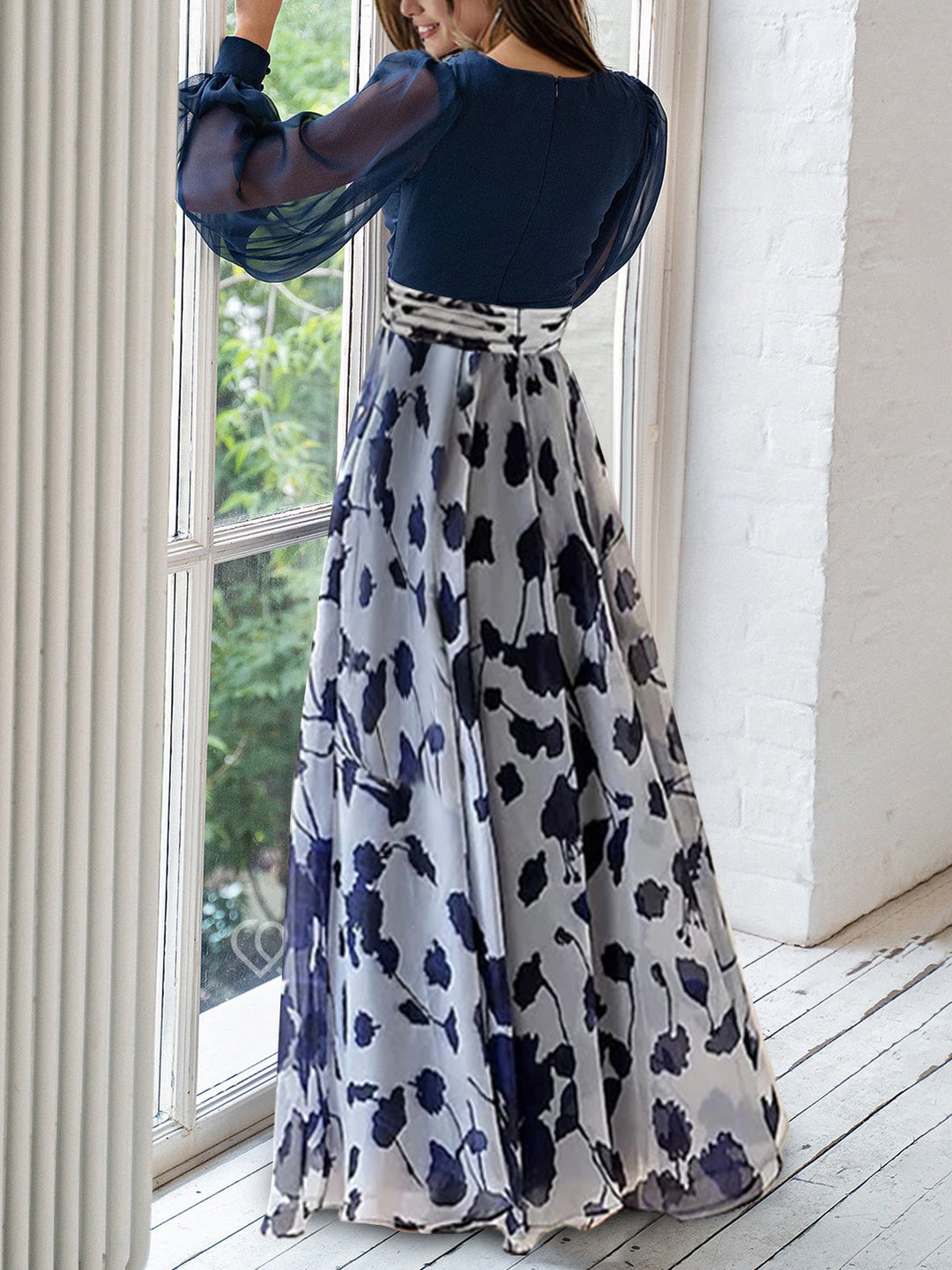 navy blue back floral print mother of the bride dress