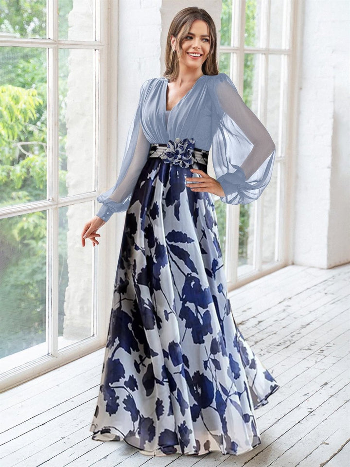 A Line/Princess V-Neck Long Sleeves Floor Length Floral Mother of the Bride Dresses With Flower