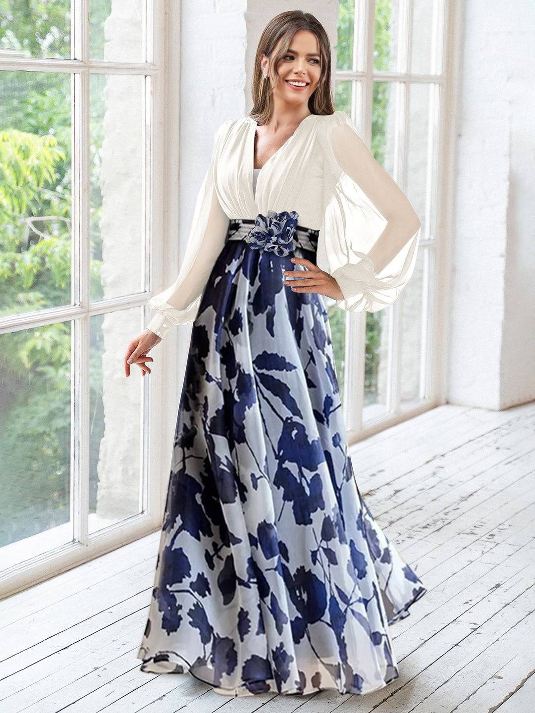 white and blue floral print mother of the bride dress