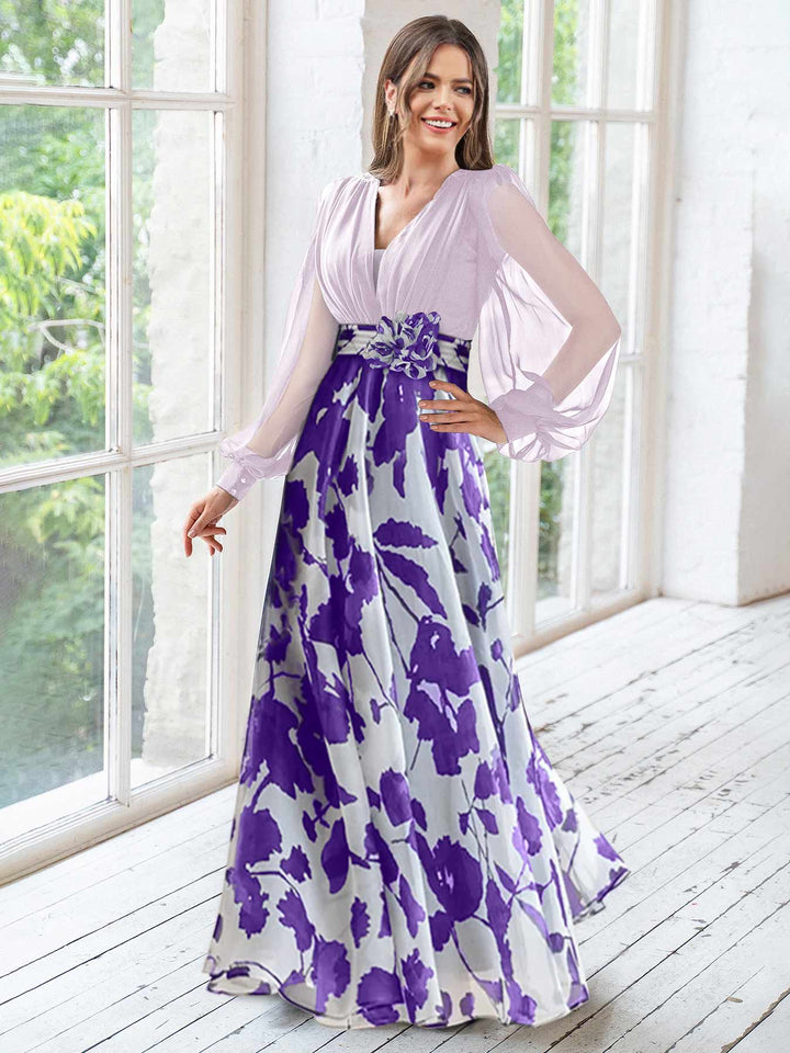 lilac and purple floral mother of the bride dress