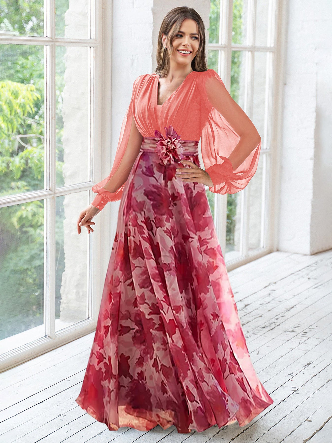 watermelon floral mother of the bride dress