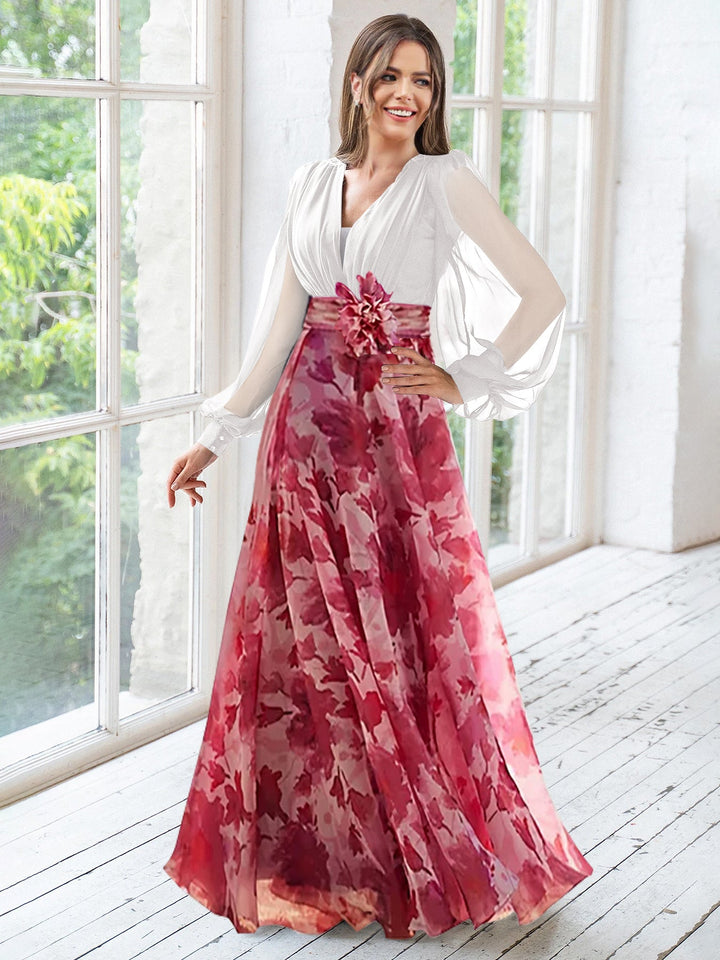 White and pink floral mother of the bride dress