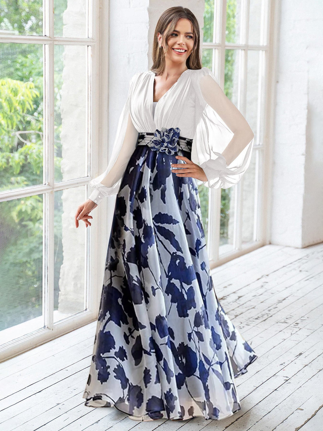 A Line/Princess V-Neck Long Sleeves Floor Length Floral Mother of the Bride Dresses With Flower A Line/Princess V-Neck Long Sleeves Floor Length Floral Mother of the Bride Dresses With Flower