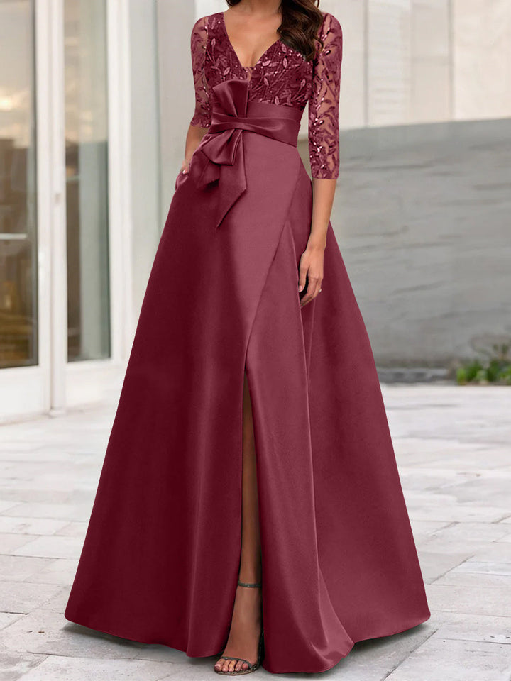 A-Line/Princess V-Neck Floor-Length Mother of the Bride Dresses with Split Side Ruffles Sequins Bow(s)