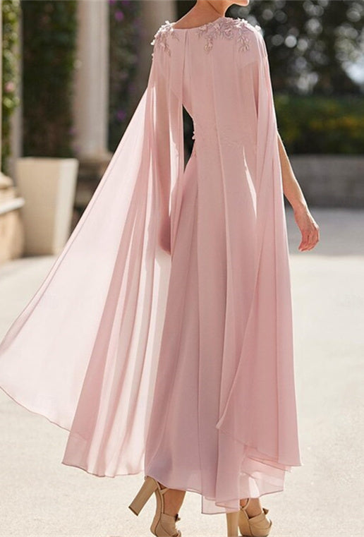 A-Line Ankle Length Long Sleeve V Neck Mother of the Bride Dress Capes Chiffon with Appliques