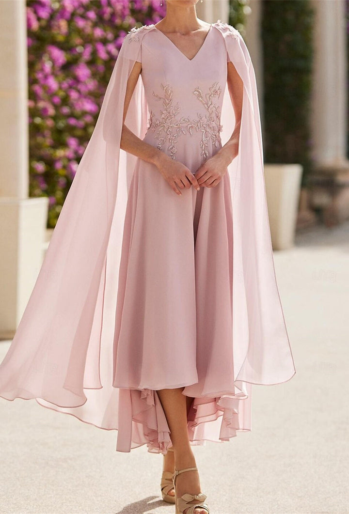 A-Line Ankle Length Long Sleeve V Neck Mother of the Bride Dress Capes Chiffon with Appliques