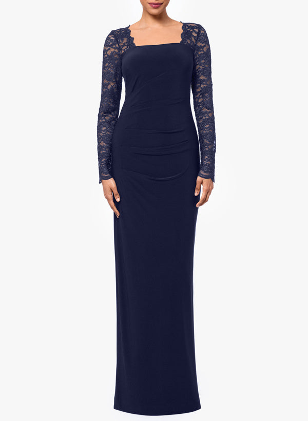 Sheath/Column Square Neck  Floor Length Long Sleeve Mother of the Bride Dresses Jersey  With Lace